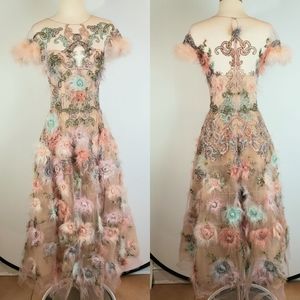 Marchesa Feather Embroidered Cocktail Dress Runway Fits Like 2 RARE